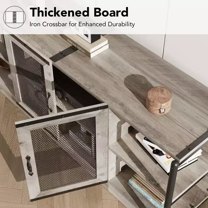 Meuble TV, convient aux téléviseurs de 65 pouces et plus, avec portes grillagées et étagères, style rustique, fonction de rangement, meuble de salon.
