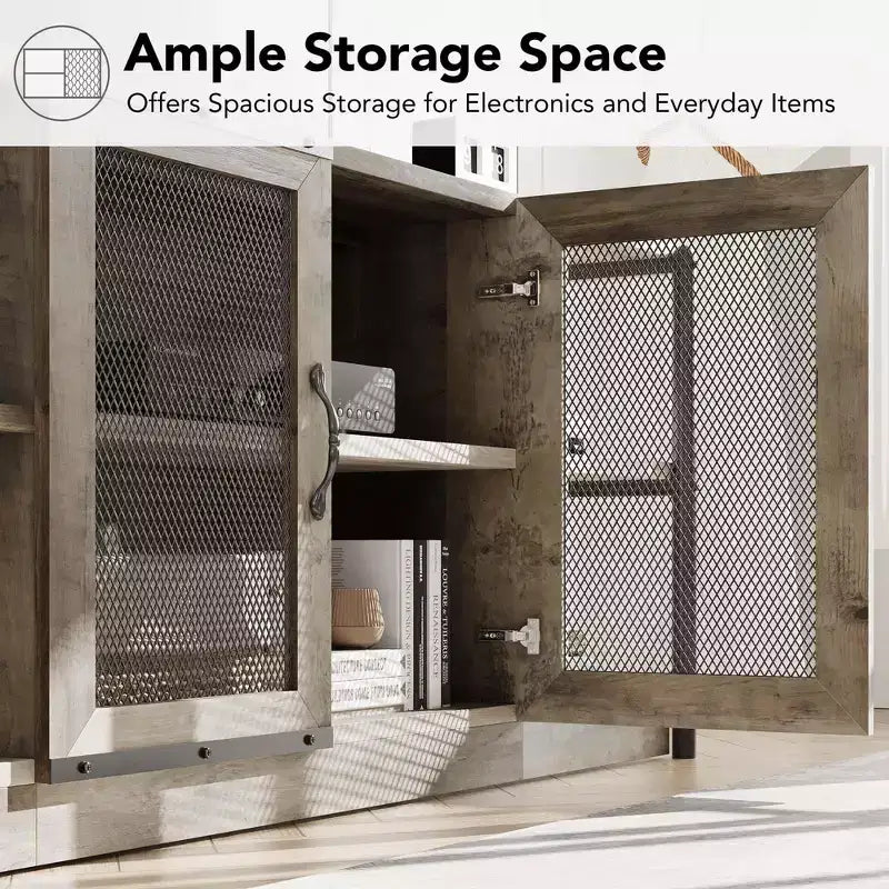 Meuble TV, convient aux téléviseurs de 65 pouces et plus, avec portes grillagées et étagères, style rustique, fonction de rangement, meuble de salon.