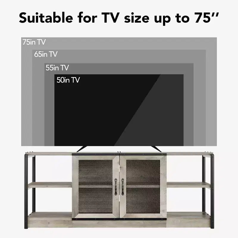 Meuble TV, convient aux téléviseurs de 65 pouces et plus, avec portes grillagées et étagères, style rustique, fonction de rangement, meuble de salon.