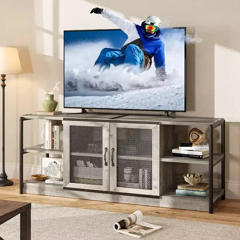 Meuble TV, convient aux téléviseurs de 65 pouces et plus, avec portes grillagées et étagères, style rustique, fonction de rangement, meuble de salon.