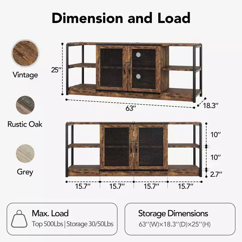 Meuble TV, convient aux téléviseurs de 65 pouces et plus, avec portes grillagées et étagères, style rustique, fonction de rangement, meuble de salon.