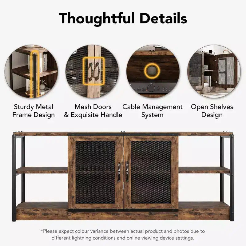 Meuble TV, convient aux téléviseurs de 65 pouces et plus, avec portes grillagées et étagères, style rustique, fonction de rangement, meuble de salon.