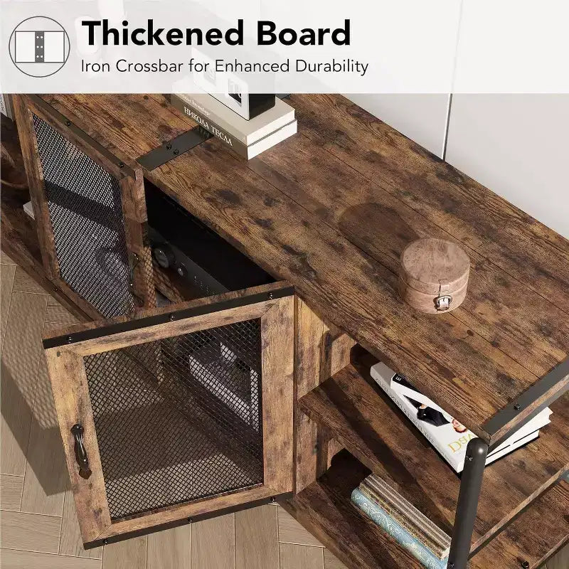Meuble TV, convient aux téléviseurs de 65 pouces et plus, avec portes grillagées et étagères, style rustique, fonction de rangement, meuble de salon.