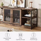 Meuble TV, convient aux téléviseurs de 65 pouces et plus, avec portes grillagées et étagères, style rustique, fonction de rangement, meuble de salon.
