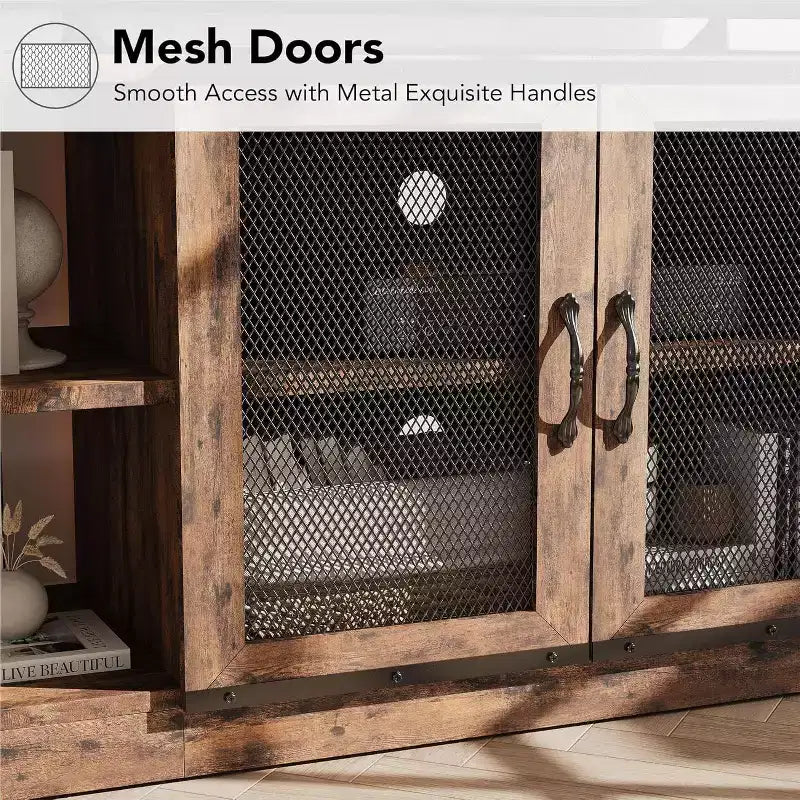 Meuble TV, convient aux téléviseurs de 65 pouces et plus, avec portes grillagées et étagères, style rustique, fonction de rangement, meuble de salon.