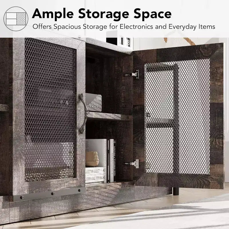 Meuble TV, convient aux téléviseurs de 65 pouces et plus, avec portes grillagées et étagères, style rustique, fonction de rangement, meuble de salon.