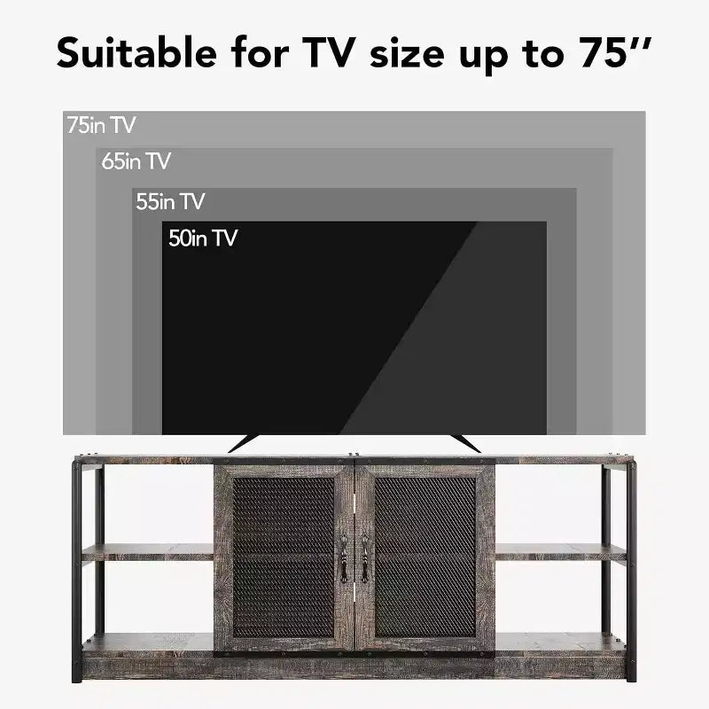 Meuble TV, convient aux téléviseurs de 65 pouces et plus, avec portes grillagées et étagères, style rustique, fonction de rangement, meuble de salon.