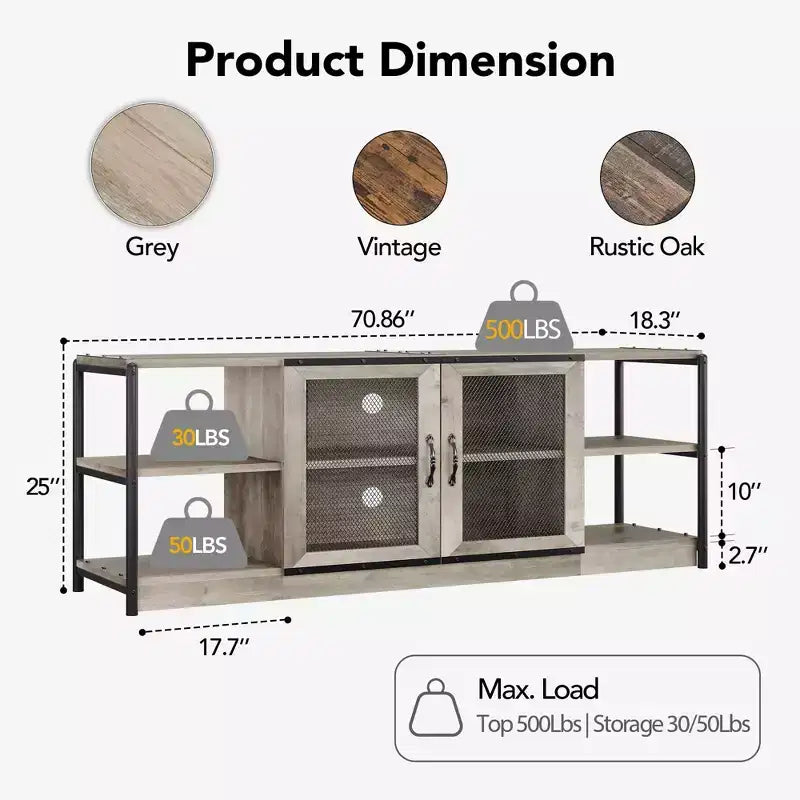 Meuble TV, convient aux téléviseurs de 65 pouces et plus, avec portes grillagées et étagères, style rustique, fonction de rangement, meuble de salon.