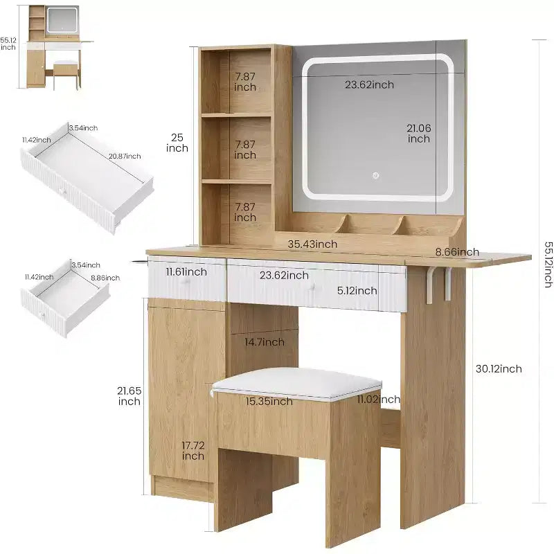 Coiffeuse avec lumières LED et station de charge  Table de maquillage avec miroir, tiroirs, tabouret de rangement et prises de courant