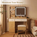 Coiffeuse avec lumières LED et station de charge  Table de maquillage avec miroir, tiroirs, tabouret de rangement et prises de courant