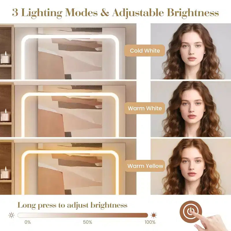 Coiffeuse avec lumières LED et station de charge  Table de maquillage avec miroir, tiroirs, tabouret de rangement et prises de courant