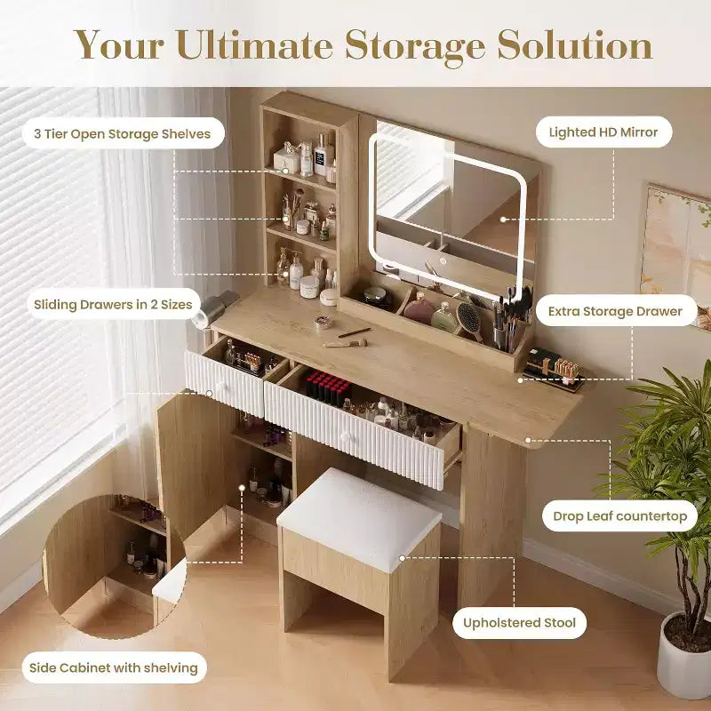 Coiffeuse avec lumières LED et station de charge  Table de maquillage avec miroir, tiroirs, tabouret de rangement et prises de courant