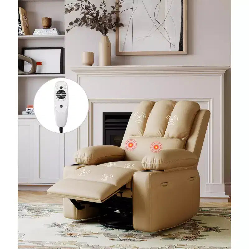 Fauteuil inclinable pivotant rembourré surdimensionné avec fonction de chauffage et de massage, confortable canapé simple inclinable pivotant en similicuir pour adultes