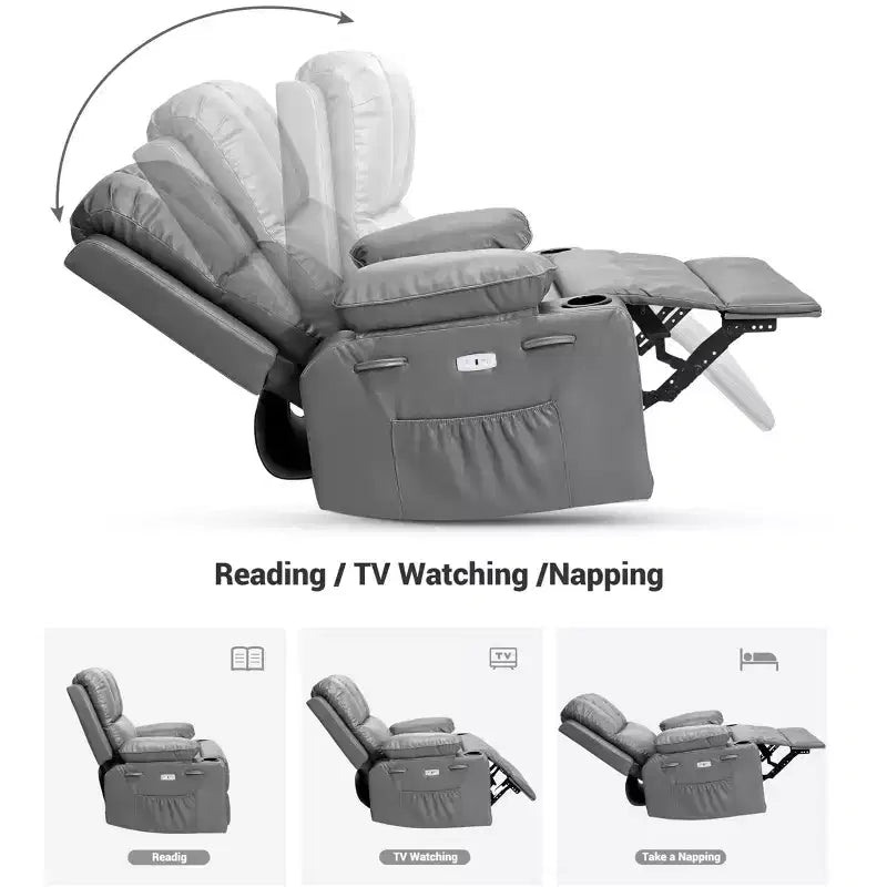 Fauteuil inclinable pivotant rembourré surdimensionné avec fonction de chauffage et de massage, confortable canapé simple inclinable pivotant en similicuir pour adultes