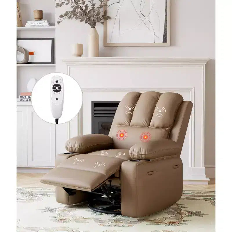 Fauteuil inclinable pivotant rembourré surdimensionné avec fonction de chauffage et de massage, confortable canapé simple inclinable pivotant en similicuir pour adultes