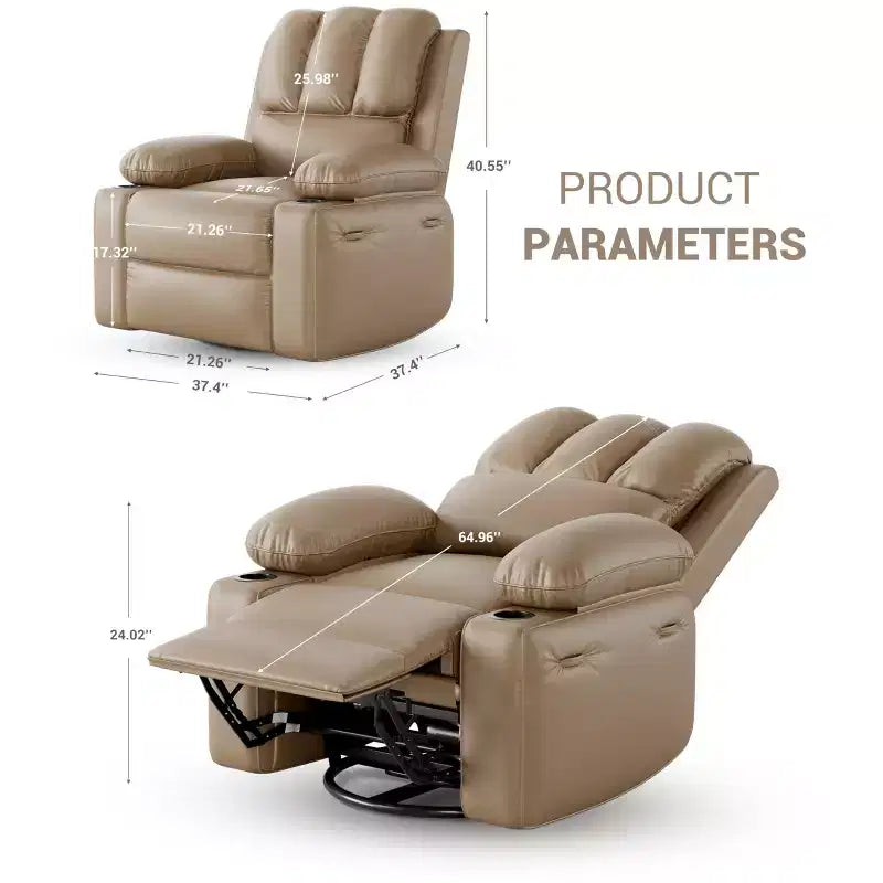 Fauteuil inclinable pivotant rembourré surdimensionné avec fonction de chauffage et de massage, confortable canapé simple inclinable pivotant en similicuir pour adultes