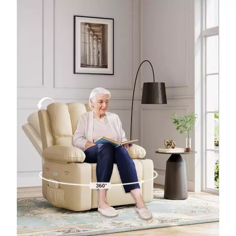 Fauteuil inclinable pivotant rembourré surdimensionné avec fonction de chauffage et de massage, confortable canapé simple inclinable pivotant en similicuir pour adultes
