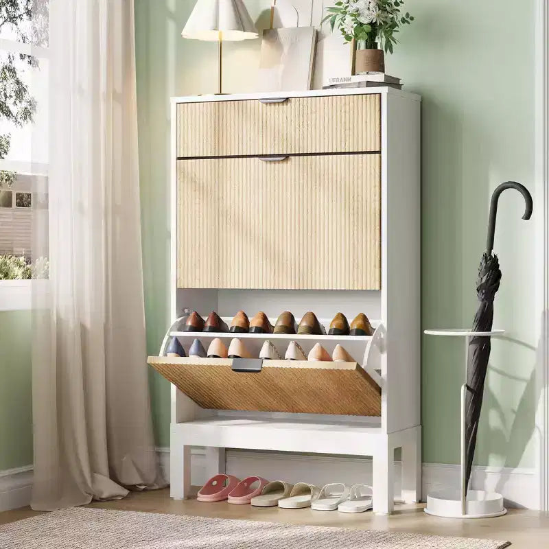 2 tiroirs abattants, meuble à chaussures fin et étroit, sur pied, pour l'entrée, armoire à chaussures de rangement