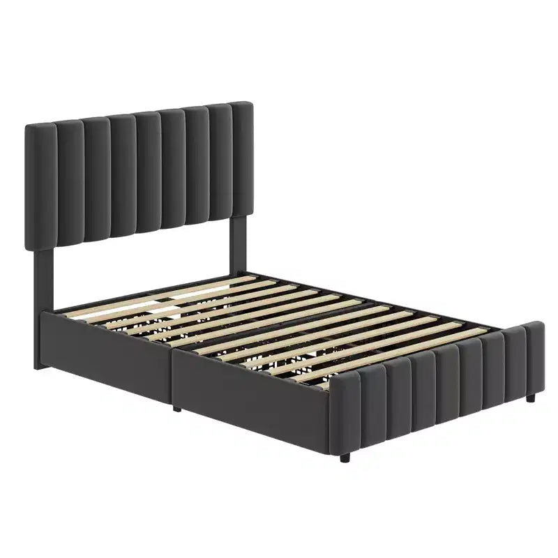 Cadre de lit, lit plateforme avec rangement, 4 tiroirs, tête de lit réglable, lattes en bois, silencieux, pas besoin de sommier tapissier, montage facile