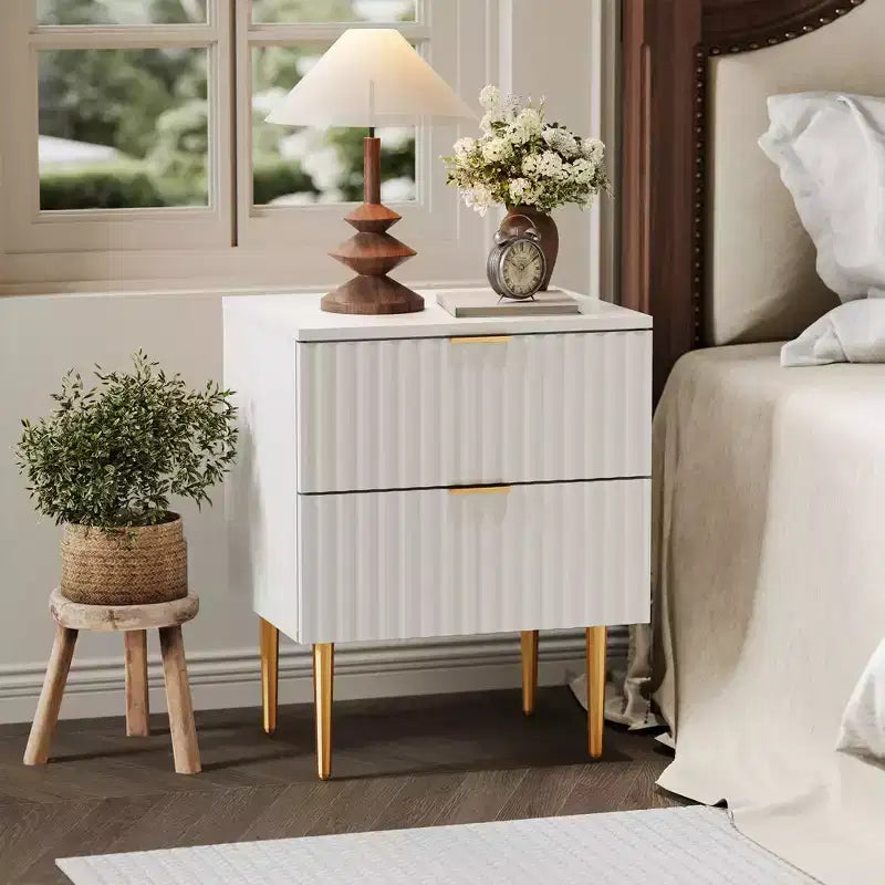Table de chevet COZONY moderne cannelée avec station de charge, table de chevet à 2 tiroirs avec ports USB pour chambre et appartement