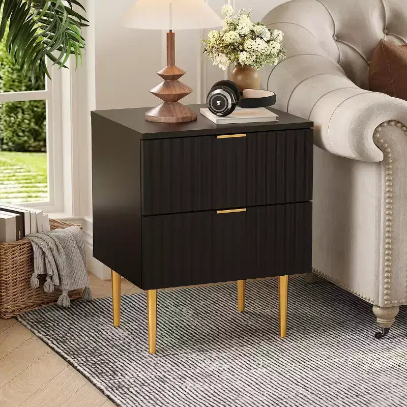Table de chevet COZONY moderne cannelée avec station de charge, table de chevet à 2 tiroirs avec ports USB pour chambre et appartement