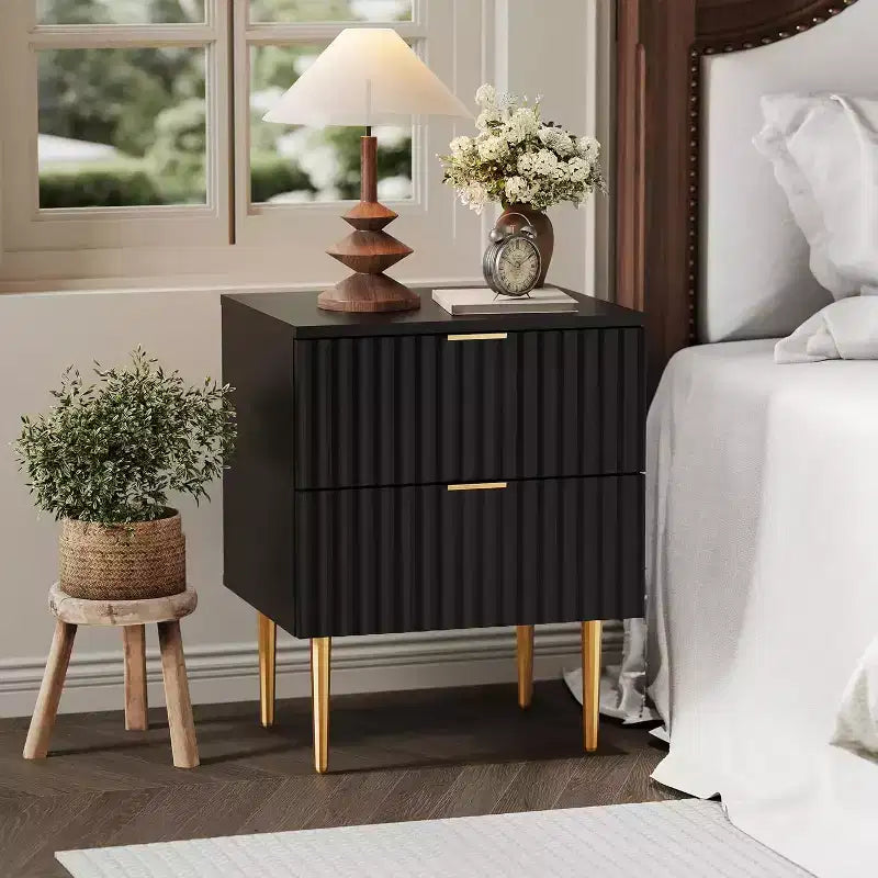 Table de chevet COZONY moderne cannelée avec station de charge, table de chevet à 2 tiroirs avec ports USB pour chambre et appartement