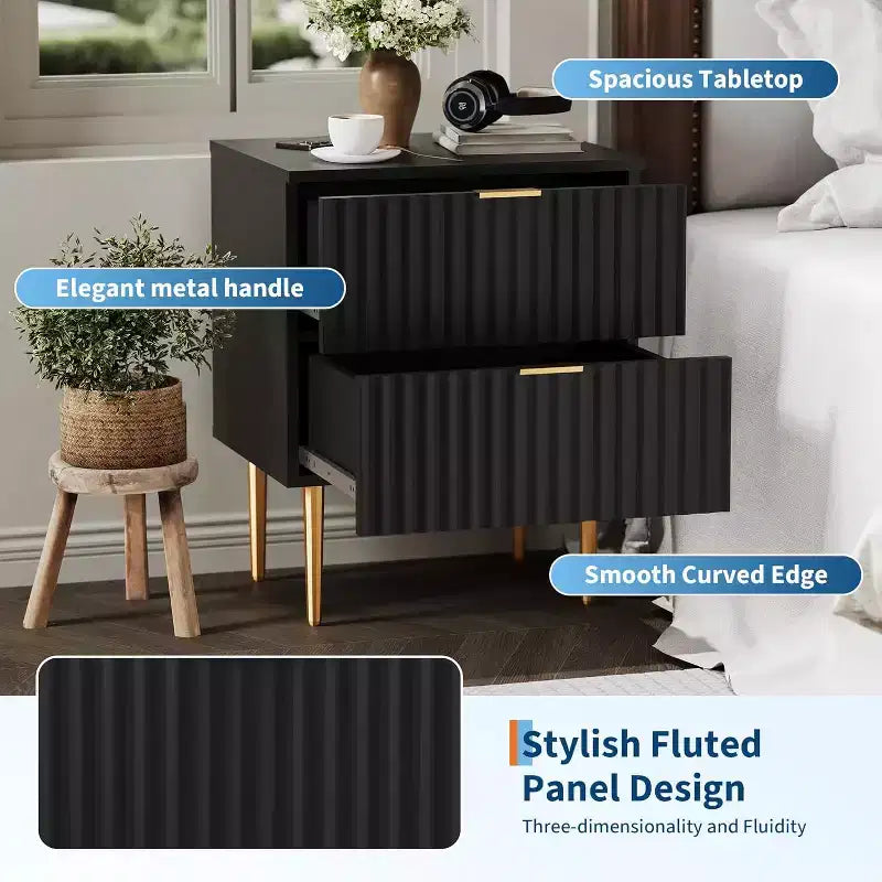 Table de chevet COZONY moderne cannelée avec station de charge, table de chevet à 2 tiroirs avec ports USB pour chambre et appartement