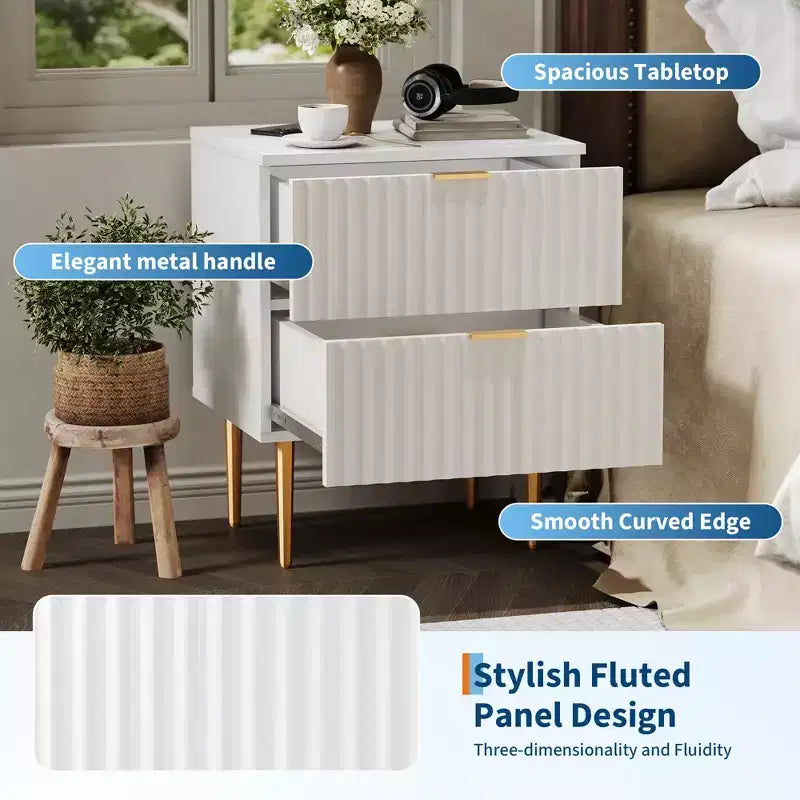 Table de chevet COZONY moderne cannelée avec station de charge, table de chevet à 2 tiroirs avec ports USB pour chambre et appartement