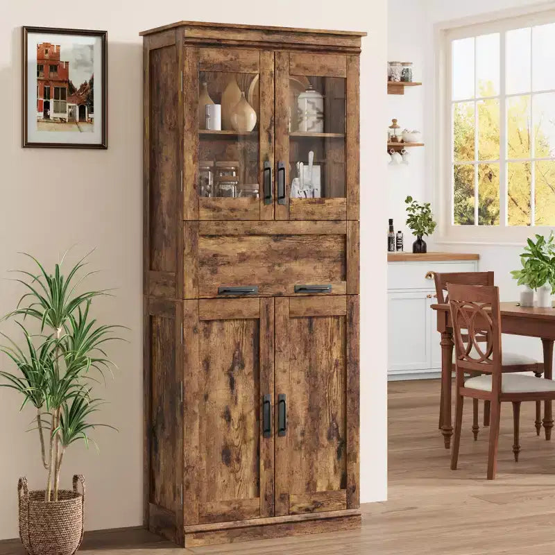 Armoire de salle de bain haute de 67 po, meuble de rangement de salle de bain à deux portes avec tiroir, étagères réglables, pour salle de bain, salon, cuisine