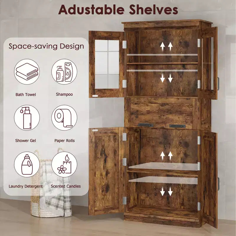 Armoire de salle de bain haute de 67 po, meuble de rangement de salle de bain à deux portes avec tiroir, étagères réglables, pour salle de bain, salon, cuisine
