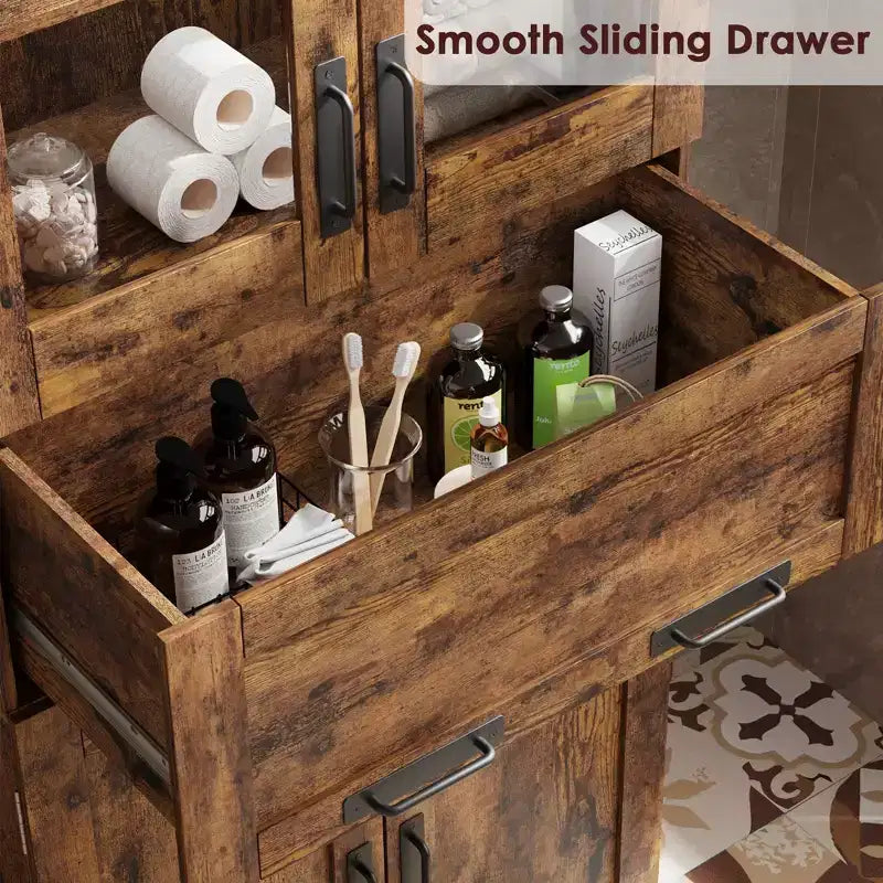 Armoire de salle de bain haute de 67 po, meuble de rangement de salle de bain à deux portes avec tiroir, étagères réglables, pour salle de bain, salon, cuisine