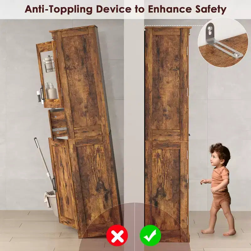 Armoire de salle de bain haute de 67 po, meuble de rangement de salle de bain à deux portes avec tiroir, étagères réglables, pour salle de bain, salon, cuisine