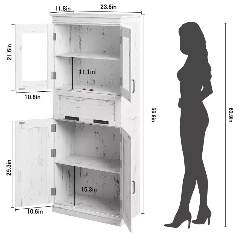 Armoire de salle de bain haute de 67 po, meuble de rangement de salle de bain à deux portes avec tiroir, étagères réglables, pour salle de bain, salon, cuisine