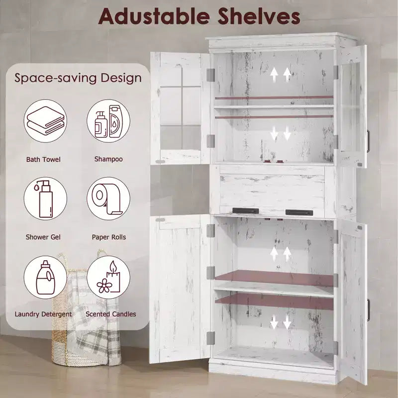 Armoire de salle de bain haute de 67 po, meuble de rangement de salle de bain à deux portes avec tiroir, étagères réglables, pour salle de bain, salon, cuisine