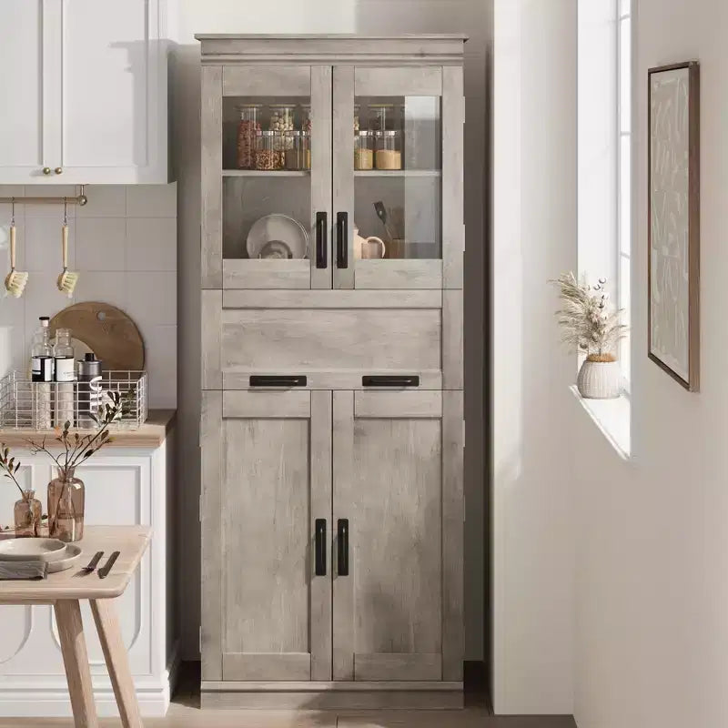 Armoire de salle de bain haute de 67 po, meuble de rangement de salle de bain à deux portes avec tiroir, étagères réglables, pour salle de bain, salon, cuisine
