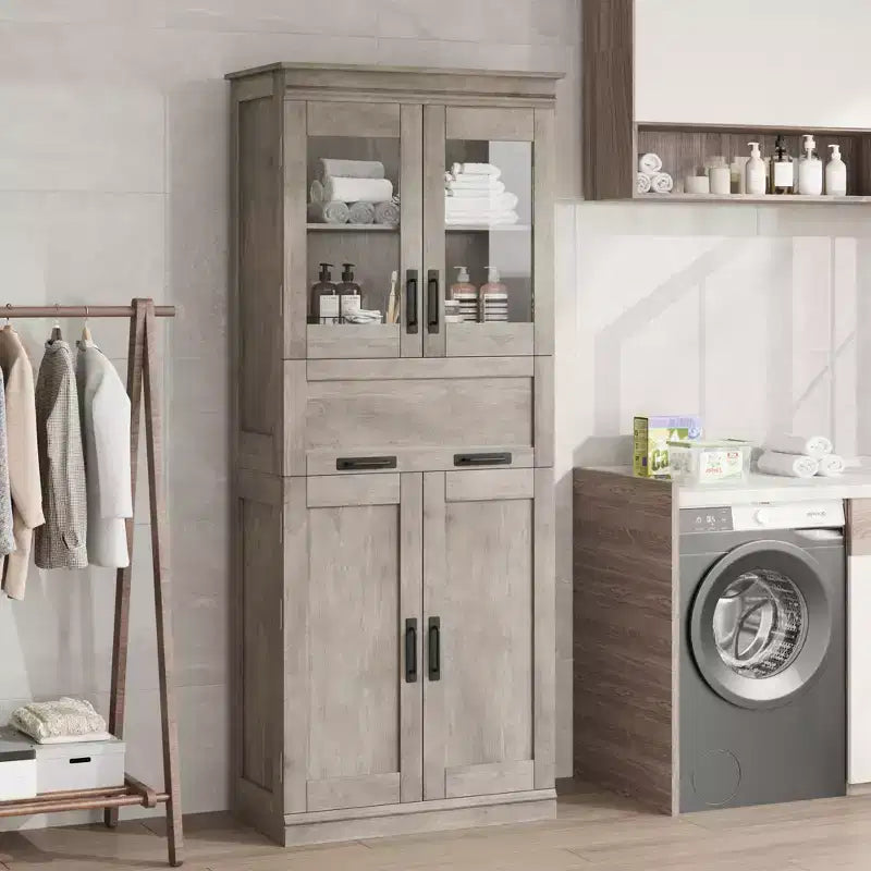 67 Tall Bathroom Cabinet, Double Door Line Bathroom Storage Cabinet with Drawer, Adjustable Shelves, for Bathroom Living Room Kitchen