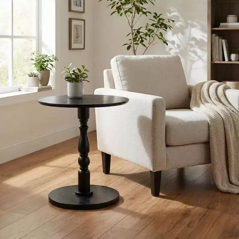 Homy Casa Table d'appoint ronde 23 avec base piédestal tourné, plateau en MDF, pour salon ou chambre à coucher, noire