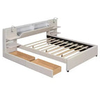 Lit plateforme rembourré Queen Size avec liseuses et étagères, cadre de lit Queen en lin avec tiroirs de rangement et étagères