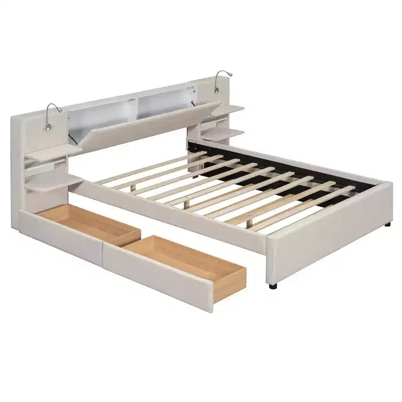 Lit plateforme rembourré Queen Size avec liseuses et étagères, cadre de lit Queen en lin avec tiroirs de rangement et étagères