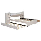 Lit plateforme rembourré Queen Size avec liseuses et étagères, cadre de lit Queen en lin avec tiroirs de rangement et étagères