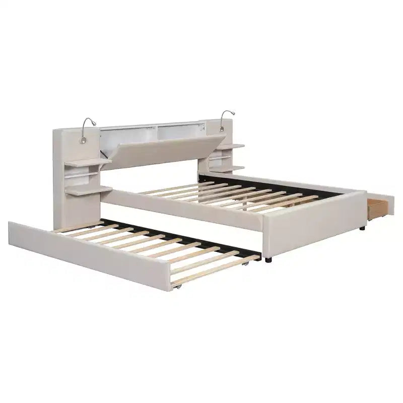 Lit plateforme rembourré Queen Size avec liseuses et étagères, cadre de lit Queen en lin avec tiroirs de rangement et étagères