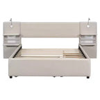 Lit plateforme rembourré Queen Size avec liseuses et étagères, cadre de lit Queen en lin avec tiroirs de rangement et étagères