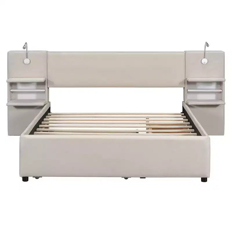 Lit plateforme rembourré Queen Size avec liseuses et étagères, cadre de lit Queen en lin avec tiroirs de rangement et étagères