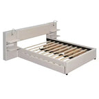 Lit plateforme rembourré Queen Size avec liseuses et étagères, cadre de lit Queen en lin avec tiroirs de rangement et étagères