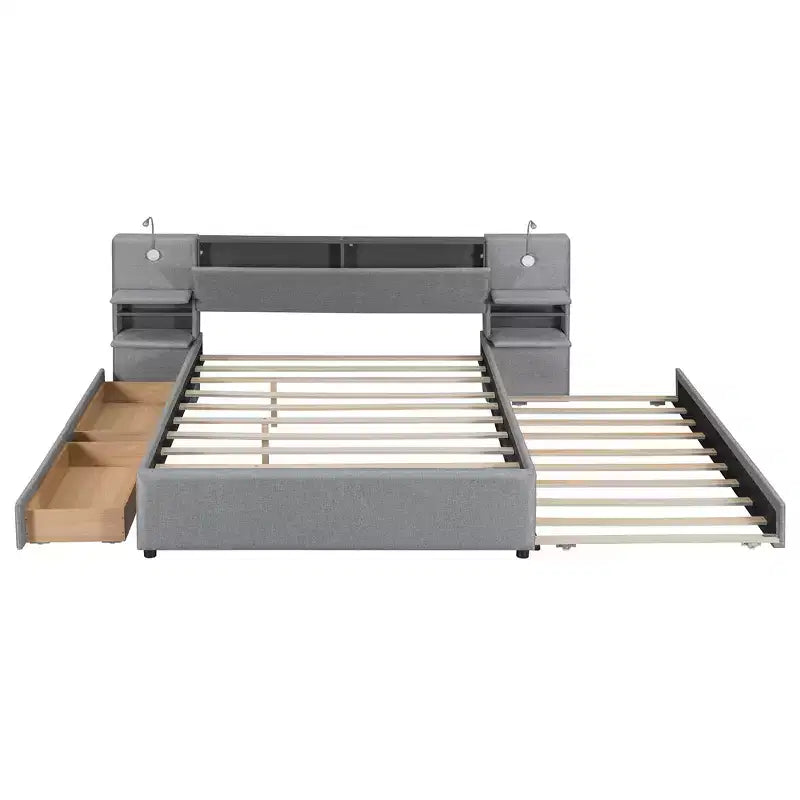 Lit plateforme rembourré Queen Size avec liseuses et étagères, cadre de lit Queen en lin avec tiroirs de rangement et étagères