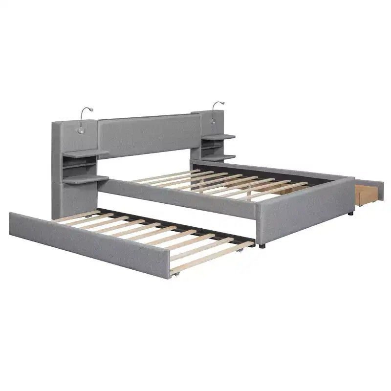 Lit plateforme rembourré Queen Size avec liseuses et étagères, cadre de lit Queen en lin avec tiroirs de rangement et étagères