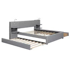 Lit plateforme rembourré Queen Size avec liseuses et étagères, cadre de lit Queen en lin avec tiroirs de rangement et étagères