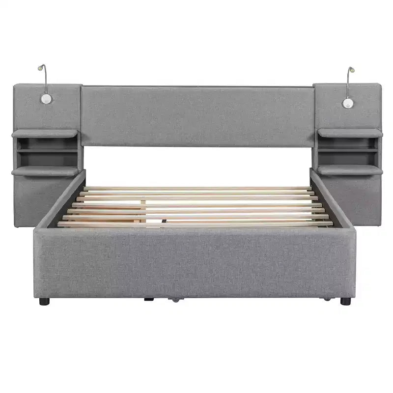 Lit plateforme rembourré Queen Size avec liseuses et étagères, cadre de lit Queen en lin avec tiroirs de rangement et étagères