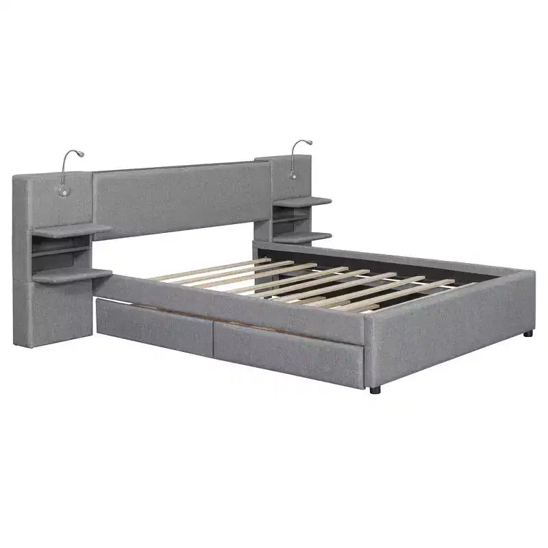 Lit plateforme rembourré Queen Size avec liseuses et étagères, cadre de lit Queen en lin avec tiroirs de rangement et étagères