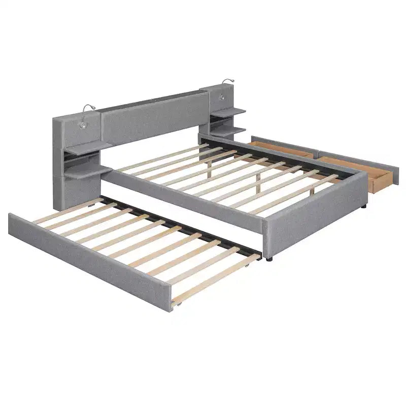 Lit plateforme rembourré Queen Size avec liseuses et étagères, cadre de lit Queen en lin avec tiroirs de rangement et étagères